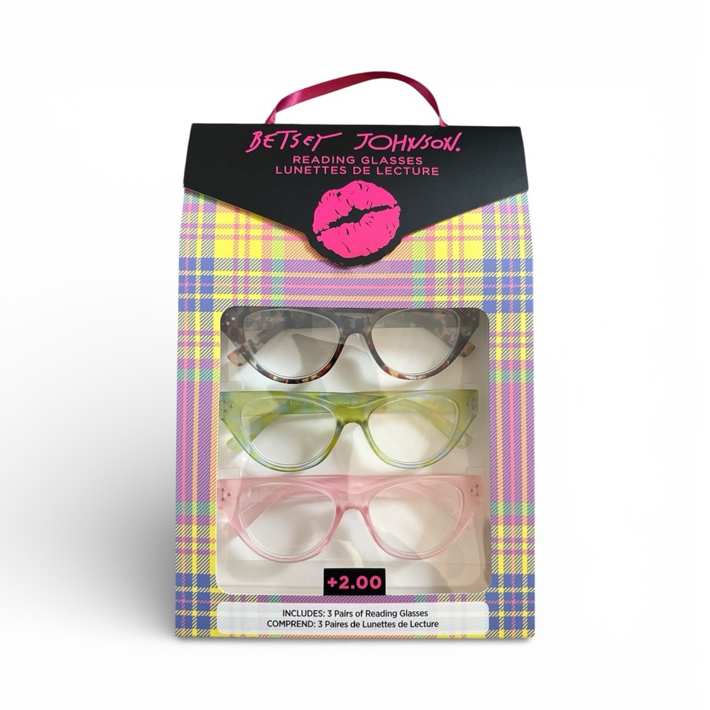 3 pair Betsey Johnson Reading Glasses pastel Cat Eye Pink,Green, Tortoise Shell